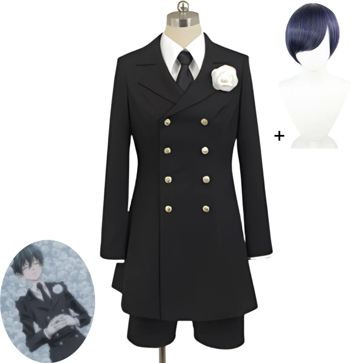 Disfraz de Anime Black Butler Ciel Phantomhive Smile para hombre y mujer, disfraz de Cosplay, atuendo funerario, abrigo negro, peluca uniforme, abrigo trasero, traje de Carnaval