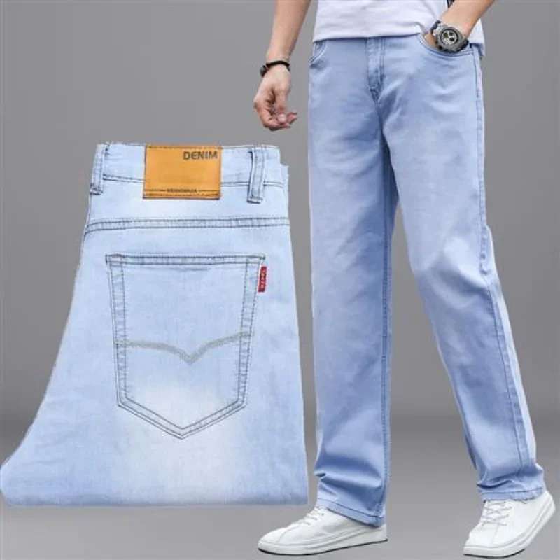 

Trousers Cropped Stretch Jeans for Men Straight Light Blue Male Cowboy Pants Elastic Autumn Clothing Xs Classic Oversize Soft