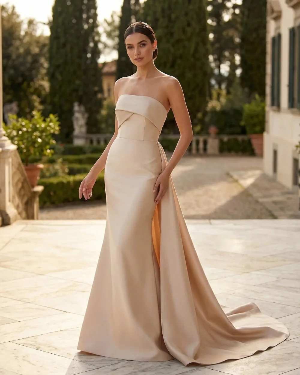 

Customized Champagne Modern Style Simple Pleat Ruched Mermaid Strapless Long Dresses Evening Dresses for Woman Sizes Available