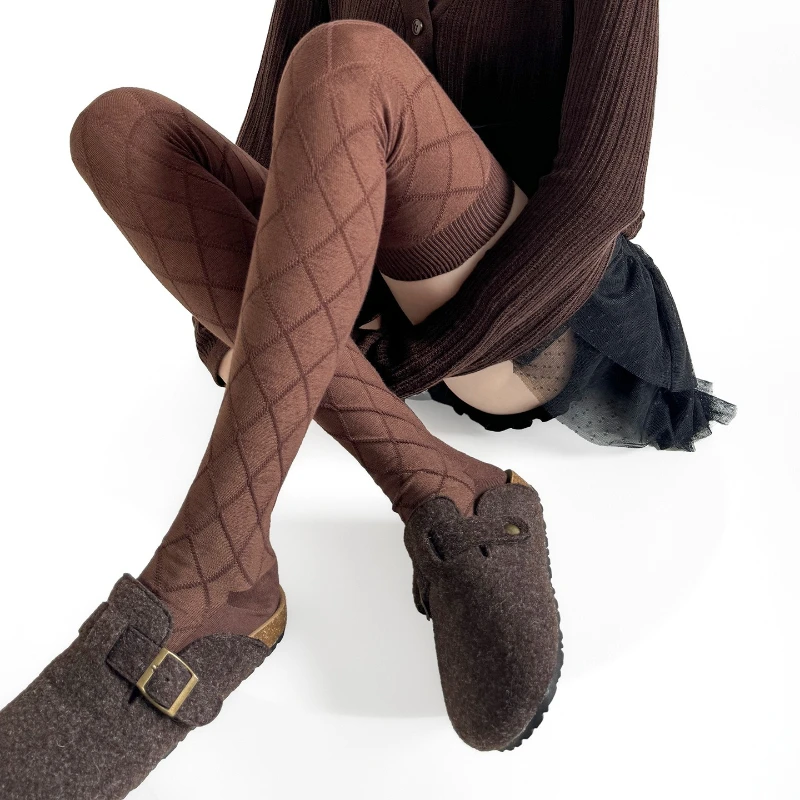 日本の女子高生風ストッキング、菱形ジャカード綿太もも丈ソックス、無地ニーハイソックス、太もも丈ストッキング