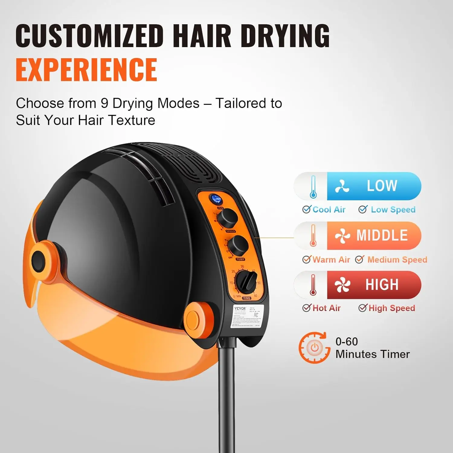 Ionic Hooded Hair Dryer with Variable Speed & Temperature Adjustment, 1875W, Sit Under Hair Dryer with Timer for Beauty Sa