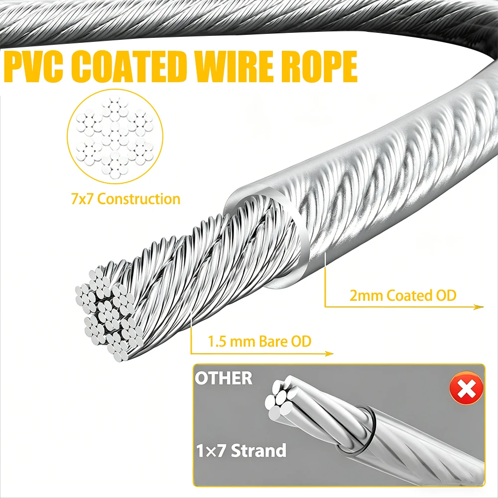 35 Pieces/Set 2mm Stainless Steel Wire Rope Kit with Hook PVC Coating for Guardrail Rope Camping Fixed Camping Clothes 10/15/20M