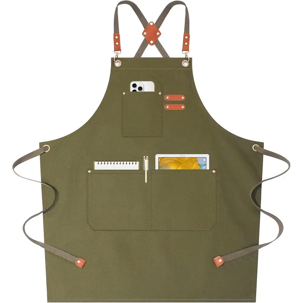 

Aprons for Women Men with Oversized Pockets, 12-Ounce Cotton Canvas Back Water Repellent Apron (Grey Green)