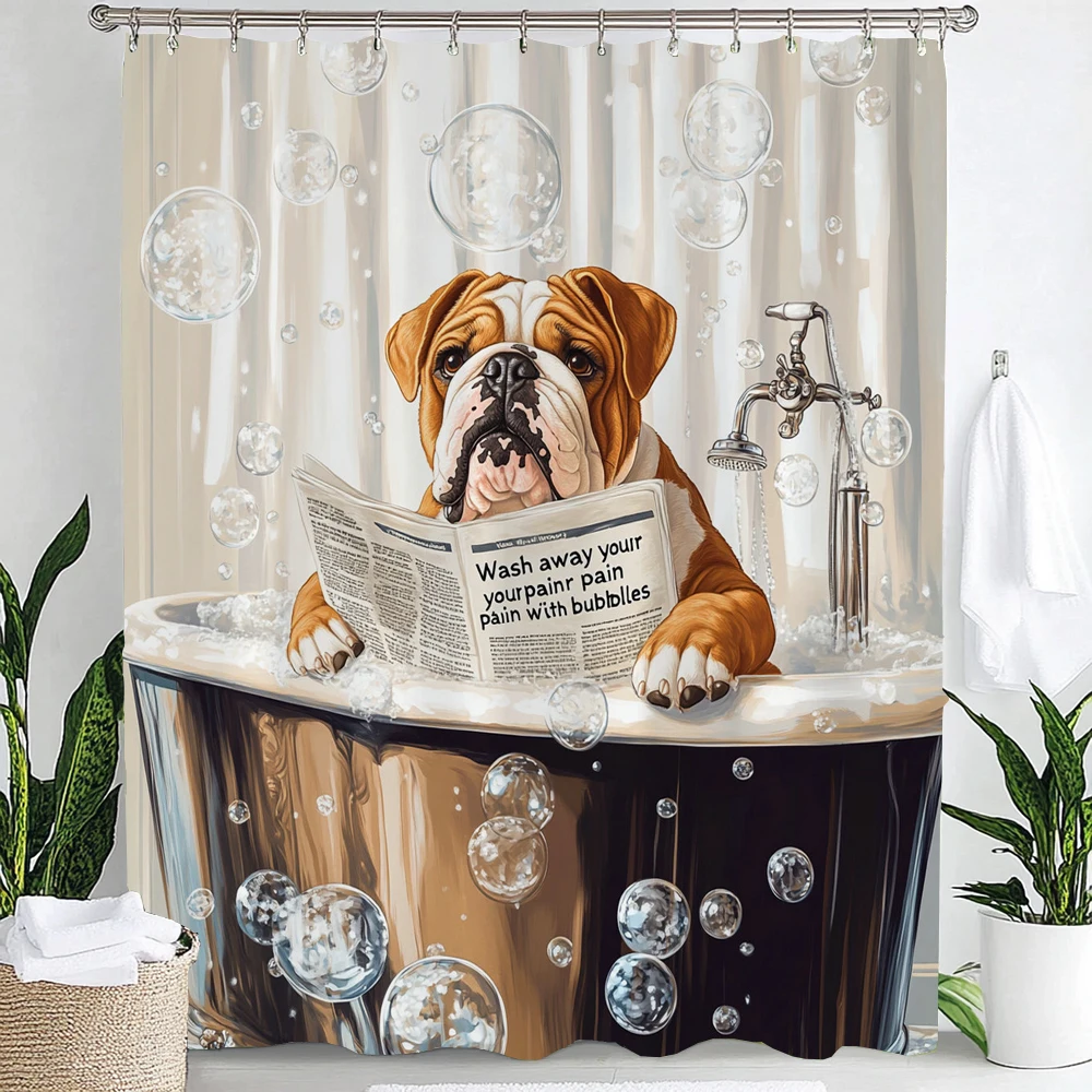 

Funny Dogs Shower Curtain,Interesting Bathtub Bathing Cartoon Bulldog bathroom decorative shower curtain,Home Curtain with Hook