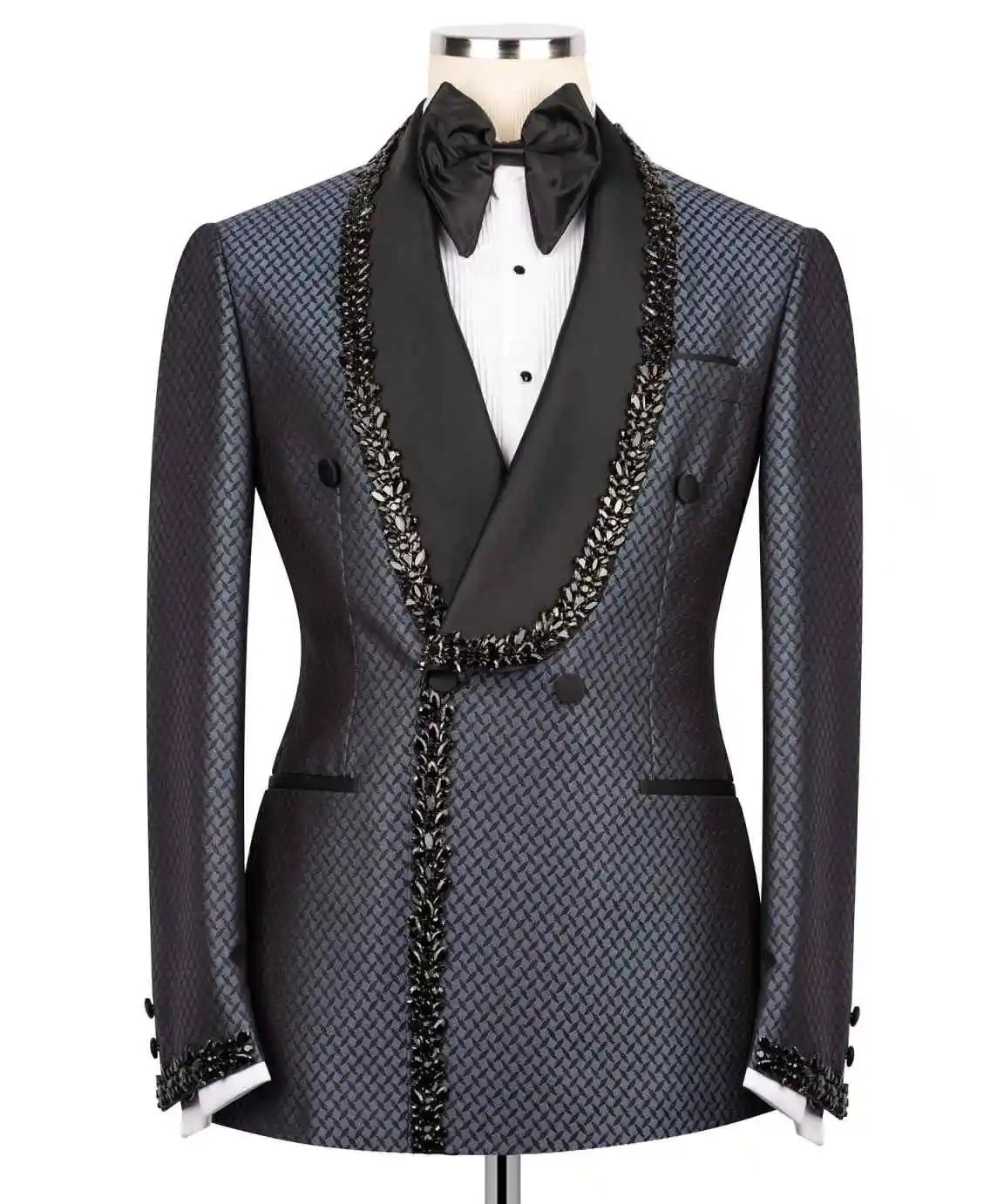 

Fashion Rhinestone Men's Suit Coat Shawl Lapel Tuxedos Double Breasted Groom Wear Business Party Only Blazer Customized