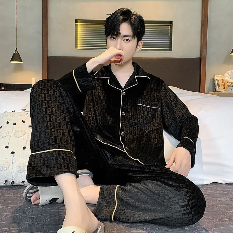 

Youth High-end Gold Velvet Men's Pajamas Set Spring Autumn Long-sleeved Luxury Korean Pyjamas Home Suit Leisure Baggy Loungwear