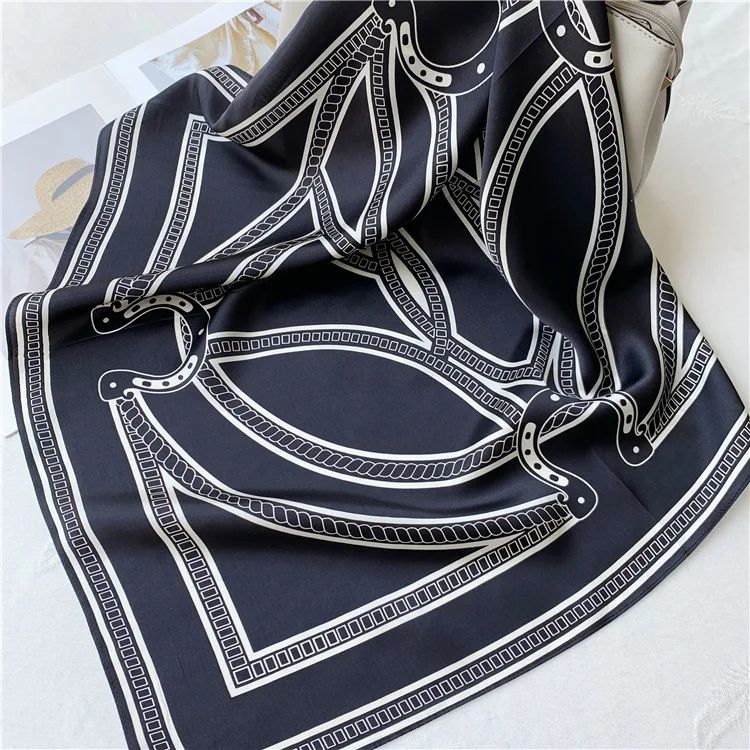 Black 100% Mulberry Silk Scarfs Women Square Accurate Hem Bandanas Top Scarves Accessories Square Head Neck Shawls