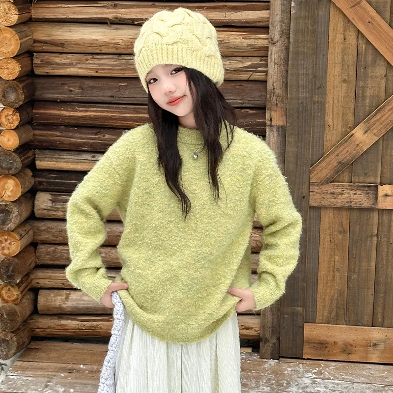 Girls Sweater 2024 Winter New Childrens Wear Girls Baby Foreign Style Comfortable Circle Pullover Sweater Casual Simple