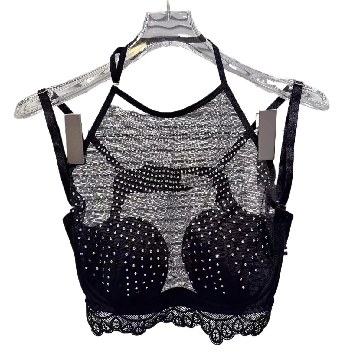 

Сексуальное кружевное сетчатое нижнее белье со стразами и полой висящей шеей на спине без стального кольца, тонкое женское белье, женский бюстгальтер большого размера