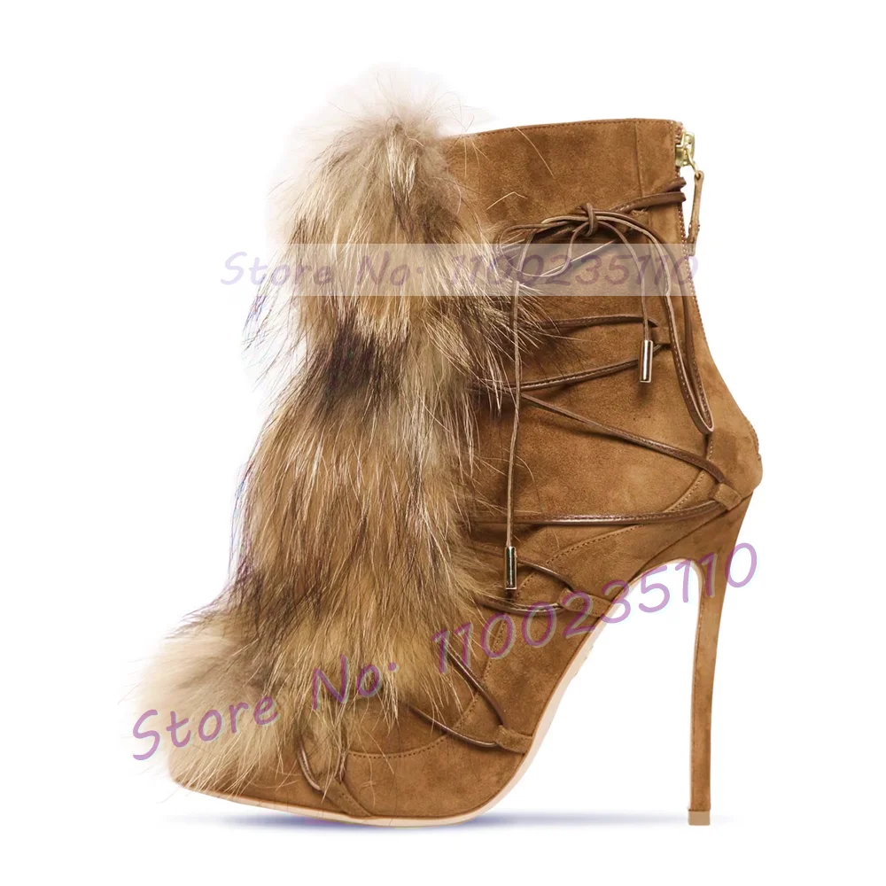 Brown Real Fur Stiletto Ankle Boots Women Trends Outfit Cross Tied Winter Snow Shoes Female Haute Pointed Toe Back Zipper Boots