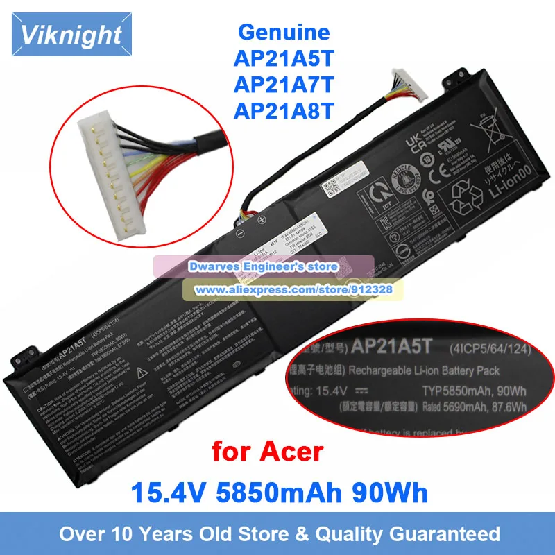 

Genuine AP21A5T Battery 15.4V 5850mAh 90Wh For Acer AP21A7T KT0040G012 4ICP5/64/124 Laptop Battery AP21A8T