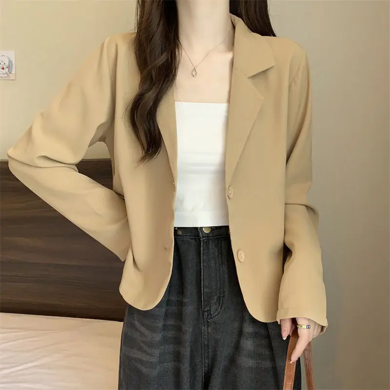 Korean Version Spring Autumn Women's 2024 New Spliced Suit Collar Button Fashion Solid Color Loose Casual Long Sleeved Blazers