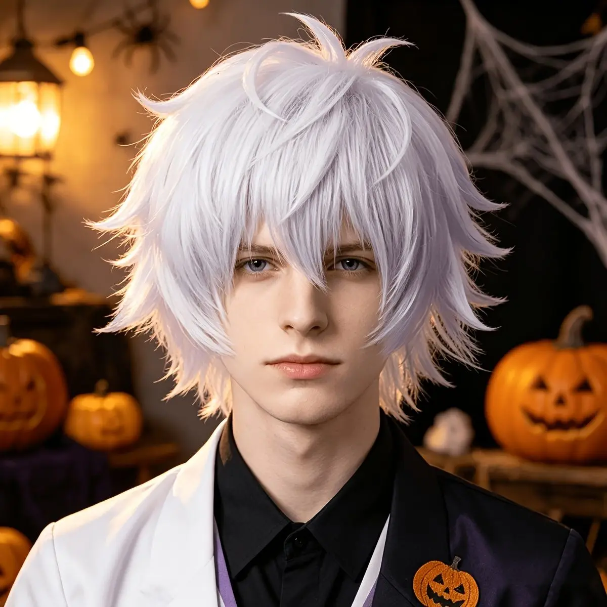 Silver White Short Fluffy Layered Cosplay Wig for Men, Natural Messy Spiky Anime Synthetic Hair Wig,for Halloween Party Dress Up