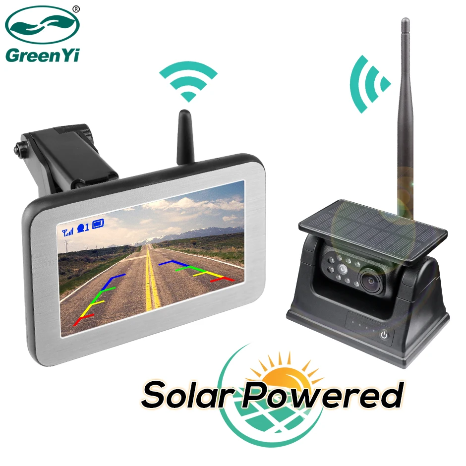 GreenYi Solar Powered Magnet Rear View Camera 5 inch IPS Monitor Wireless Kit 1 Min DIY for Vans Trailer RV Truck Car AW5908