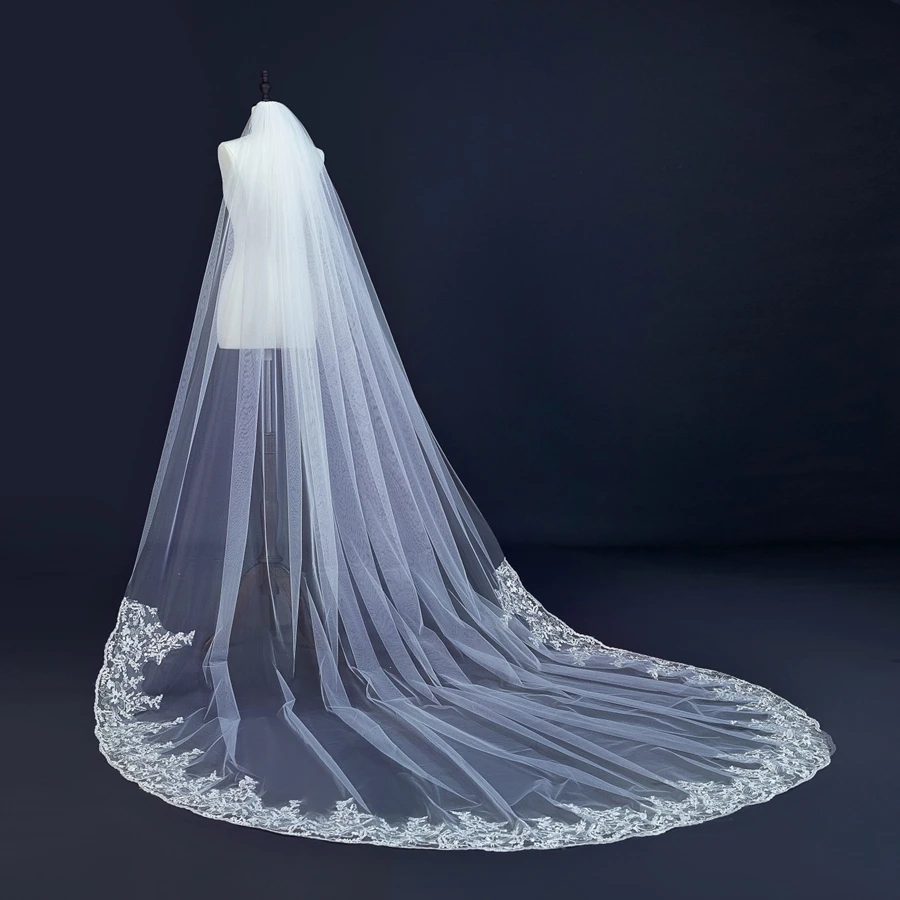 جديد وصول 3 متر كاتدرائية الحجاب الزفاف الدانتيل يزين الحجاب الزفاف Vestidos de novia العروس اكسسوارات الزفاف #4