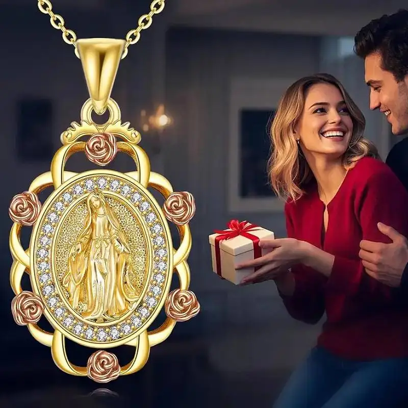 Huitan – collier pendentif dieu Rose pour femmes, accessoires religieux de couleur or pour fête d'anniversaire, bijoux charmants incrustés de CZ brillant
