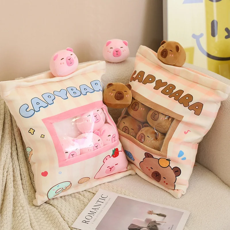 

A Plushies Bag Pudding Toys Puff Balls Mini Cute Stuffed Animal Capybara Doll Removable Set Plush Pillow Snack Cushion Kids Gift