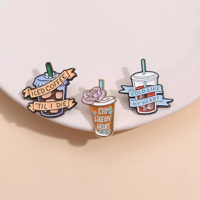 Cute Coffee Bottle Enamel Pins Love Cold Drinks Brooches Funny Cartoon Lapel Badges Clothes Accessories Jewelry Gifts Wholesale