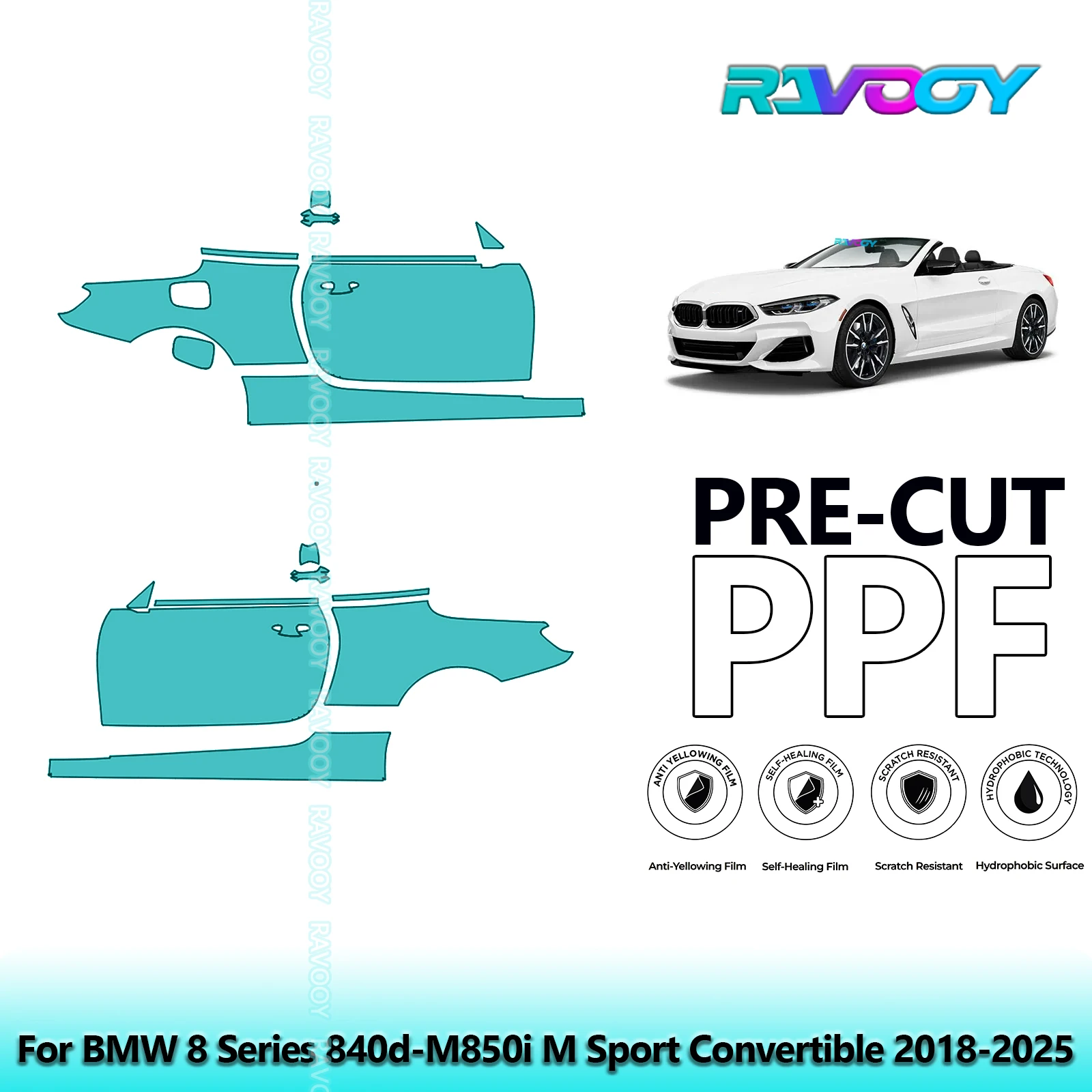 لسيارات BMW 8 Series 840d-M850i M Sport Convertible 2018-2025 8.5mil باب PPF مسبق القطع ومجموعة عمود A/B مجموعة طبقة حماية الطلاء من البولي يوريثان #1