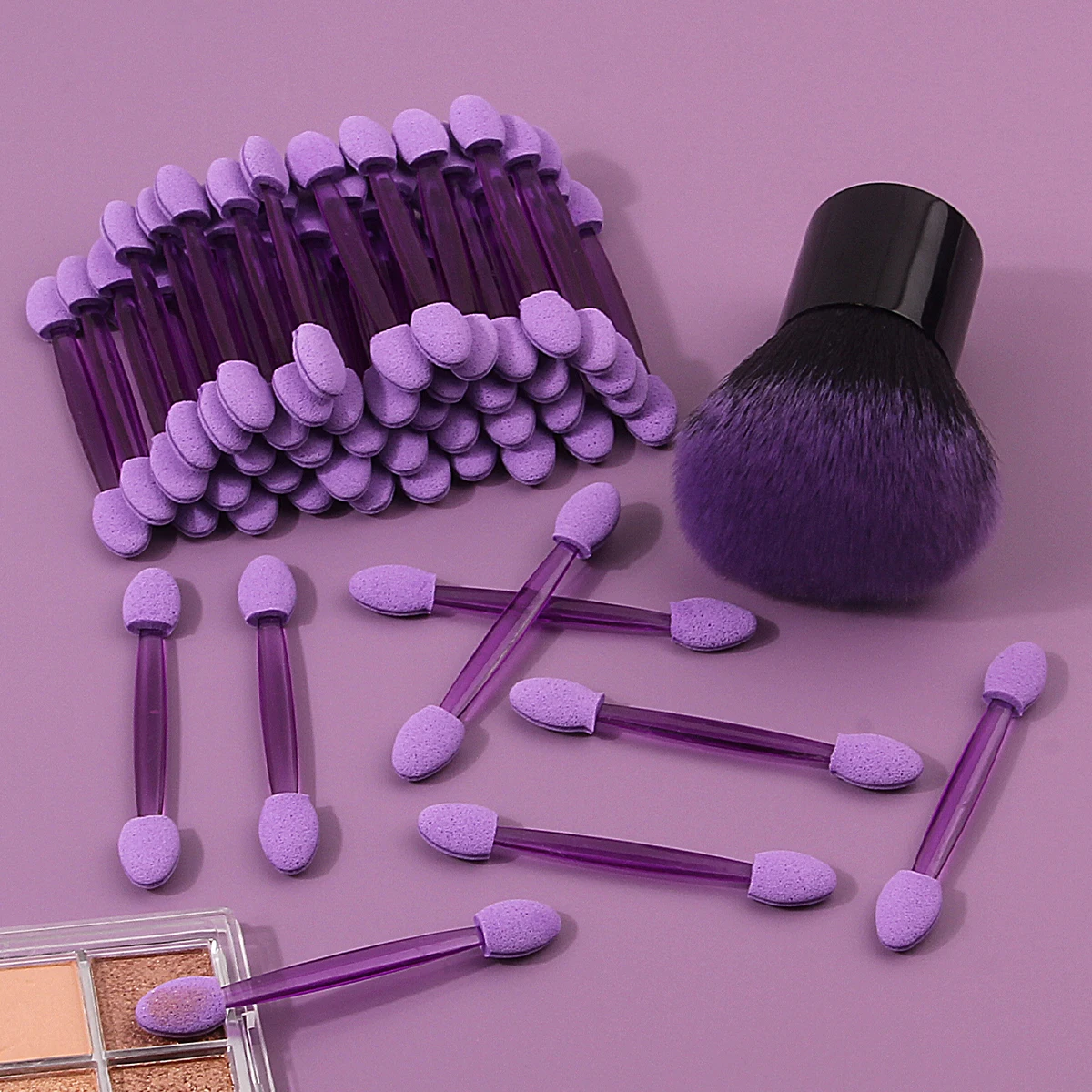 

50 purple double-headed sponge eyeshadow sticks, multi-purpose eye makeup detail brush +1PCS soft-bristled mushroom powder brush