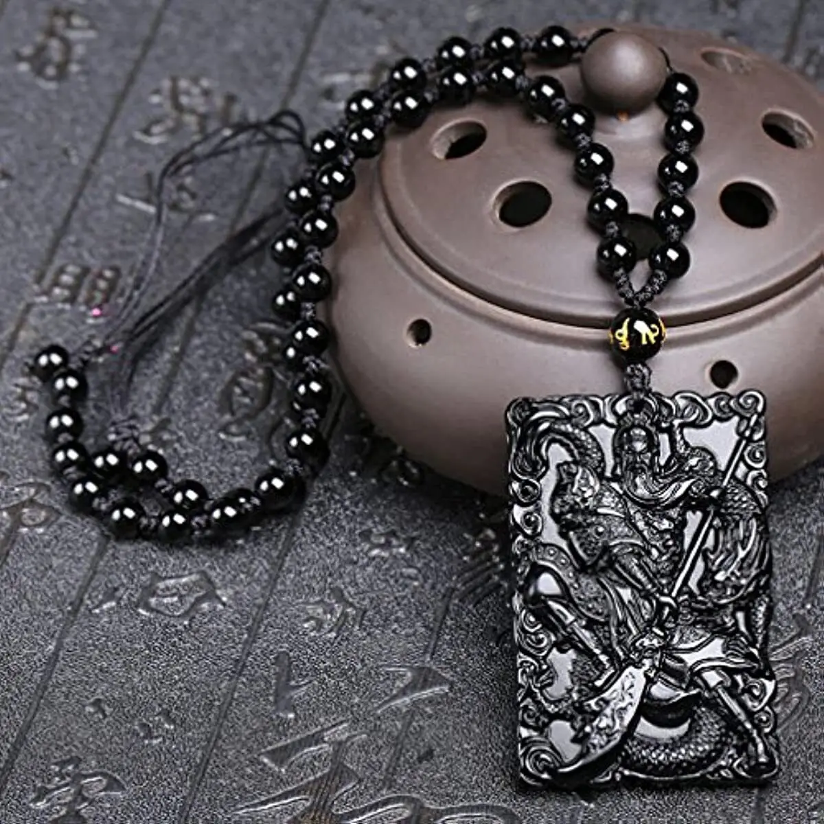 Pure Natural Obsidian Dragon Guan Gong Take A Knife Pendant Necklace