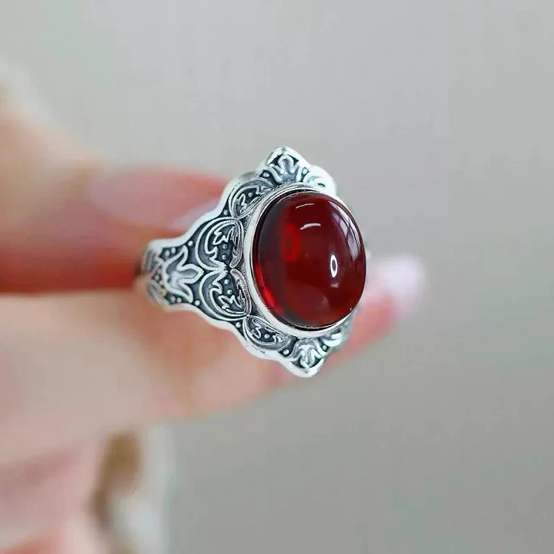 Retro Red Crystal Ring Light Luxury High-end Leaves Patterned Index Finger Jewelry Trendy Creative Geometric Opening Rings