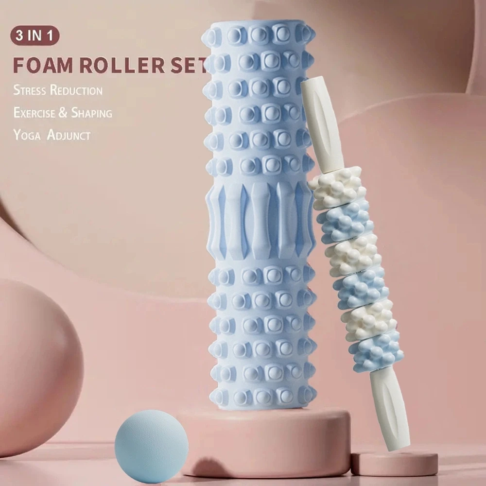 3pcs Yoga Training Roller Set Foam roller, Massage stick, Massage balls For Sports Shaft Fitness Lumbar Back Muscle Relaxation