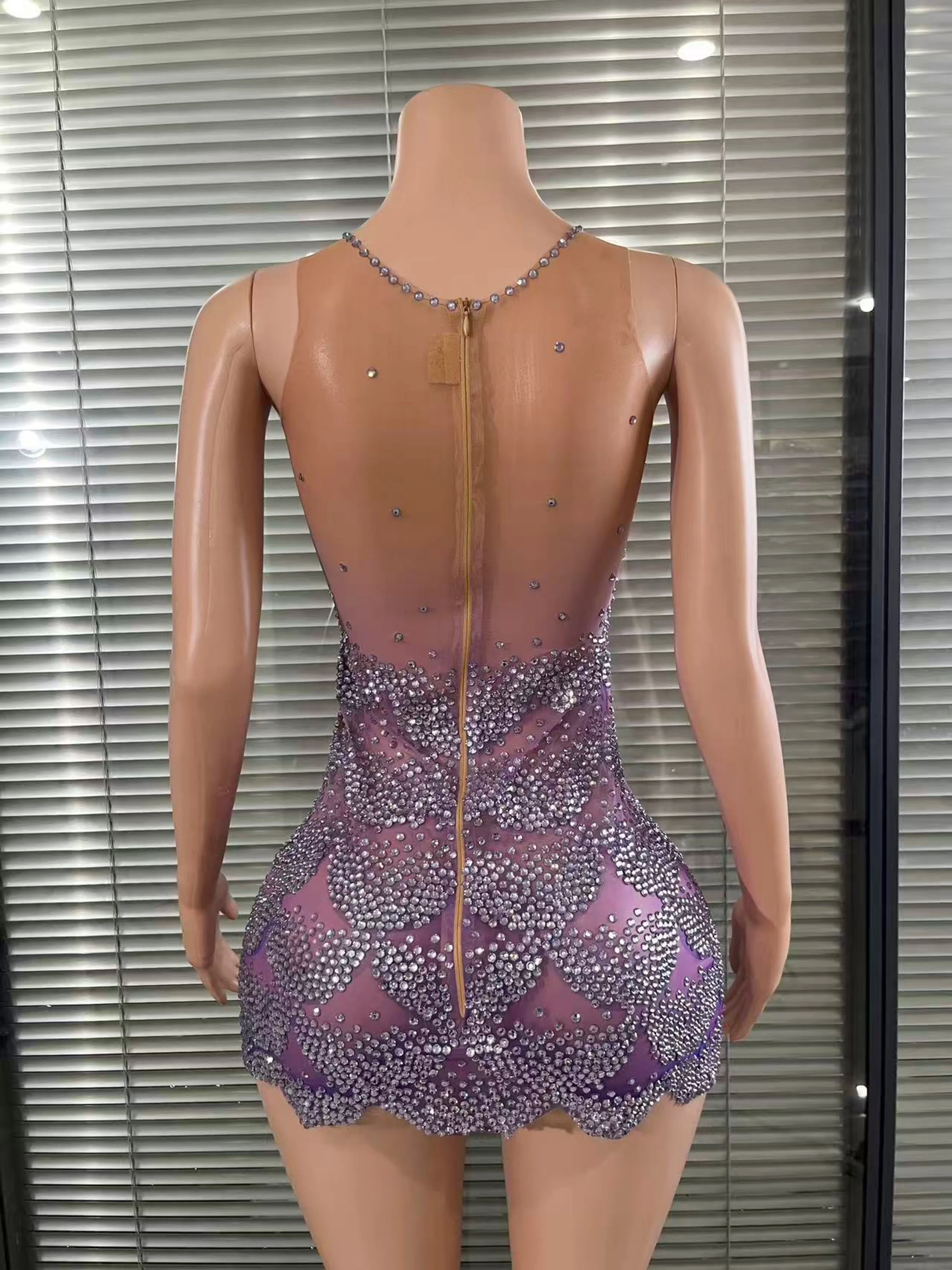 Alluring Purple Color Women Sexy Sleeveless Shinning Dimonds Bodycon Mini Dress Mesh See Through Birthday Party Stage Wear