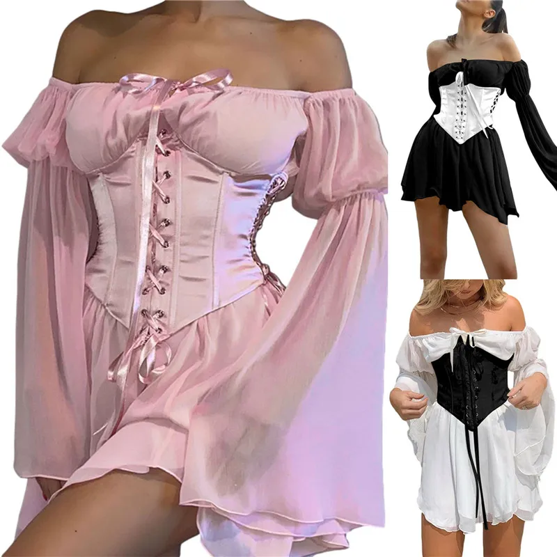 

Women Vintage Long Puff Sleeve Bandage Corset Waist Trainer Corset Solid Color Lacing Strappy Cincher Shaper with Chest Support