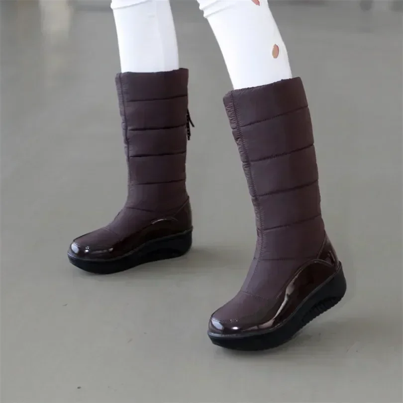 Winter Women Snow Boots Round Toe Plush Patent Leather Winter Black Brown Tassel Casual High Heel Wedge Platform Mid-calf Boots