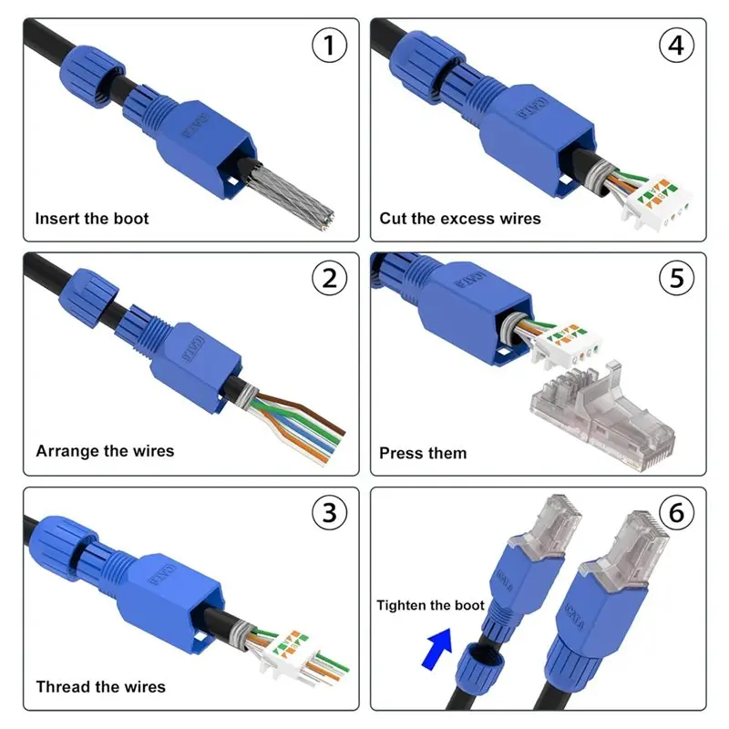 2026 New Tool-Free RJ45 Connector(6Pcs), CAT6A Field Termination Plug, Modular Plug For 23-26 AWG Network Cables, Blue In Color