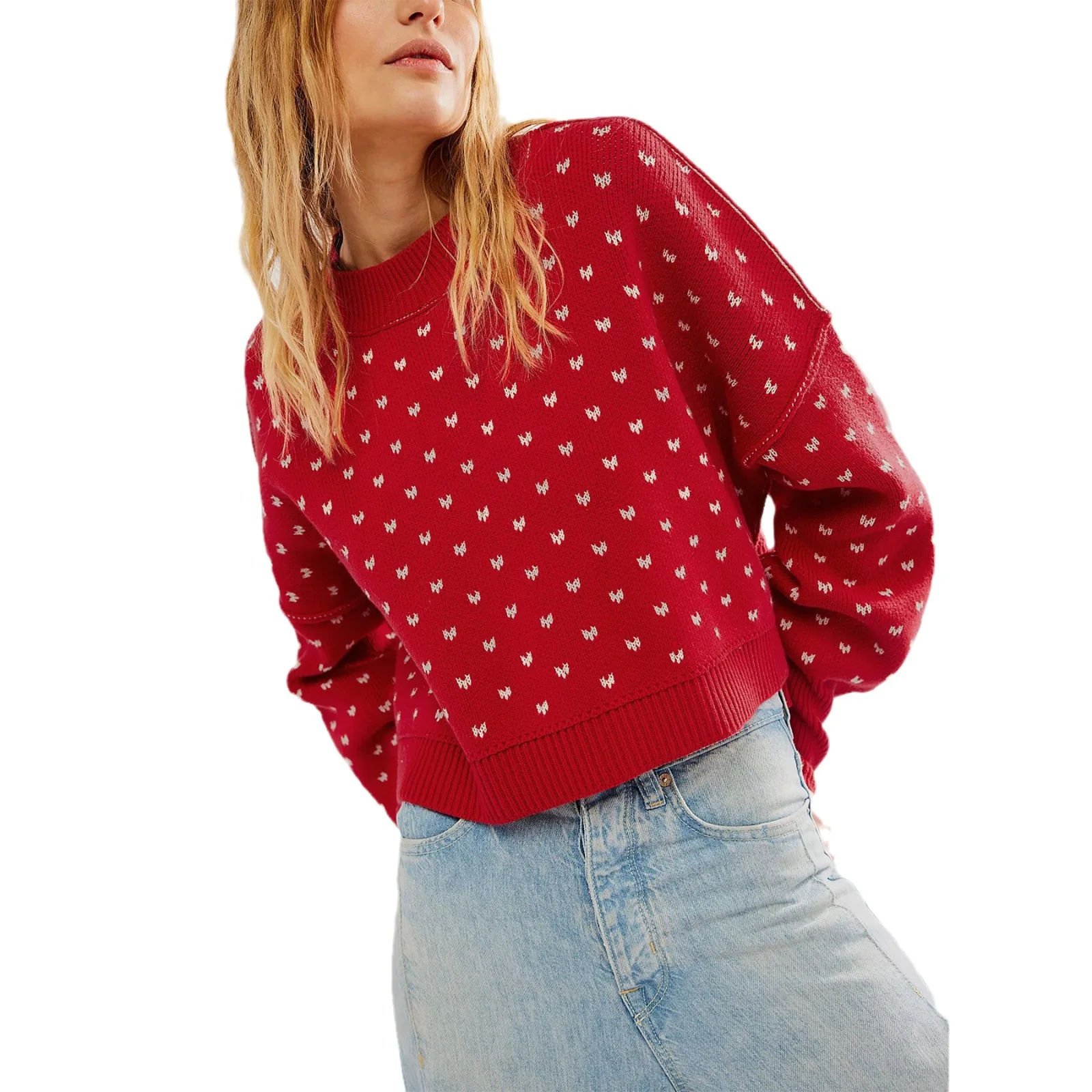 2025 New Autumn and Winter Round Neck Knitted Sweater Short Loose Butterfly Pullover Sweater Women's Clothing