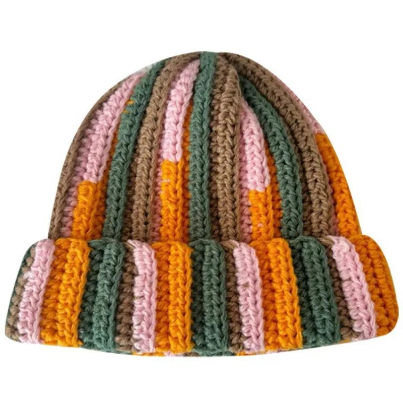 الكورية اللون عمودي مخطط سدادات حماية الأذن الدافئة الرجعية محبوك قبعة الرجال والنساء الشتاء كبير رئيس التزلج الجمجمة قبعة قبعات #6