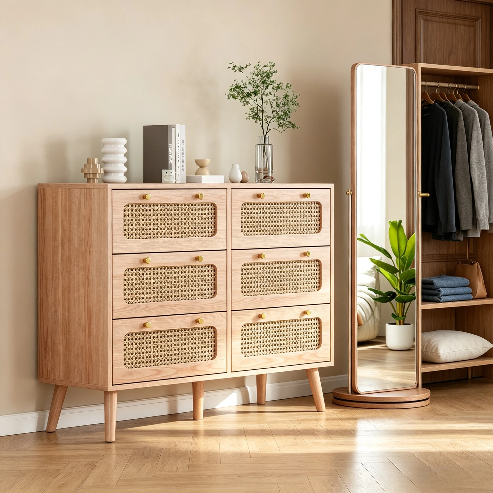 Rosahqnda 6/5 Schubladen-Aufbewahrungsschrank, Sideboard im Rattan-Look für Esszimmer und Wohnzimmer, Geflochtenes Design, Naturholz