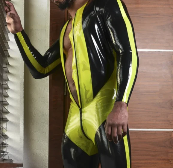 NEU 100% Latex Rubber Gummi Uniform Catsuit Ganzanzug Suit Black&Yellow