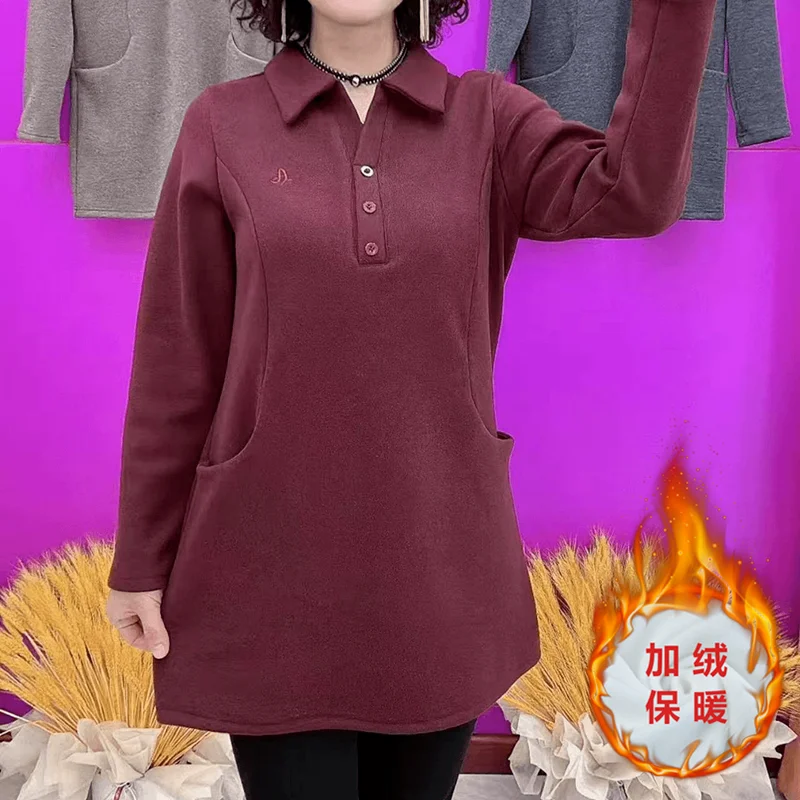 

Autumn Winter Double Pocket Solid Color Simple Fleece Lined Warm Turn Collar Mom Top
