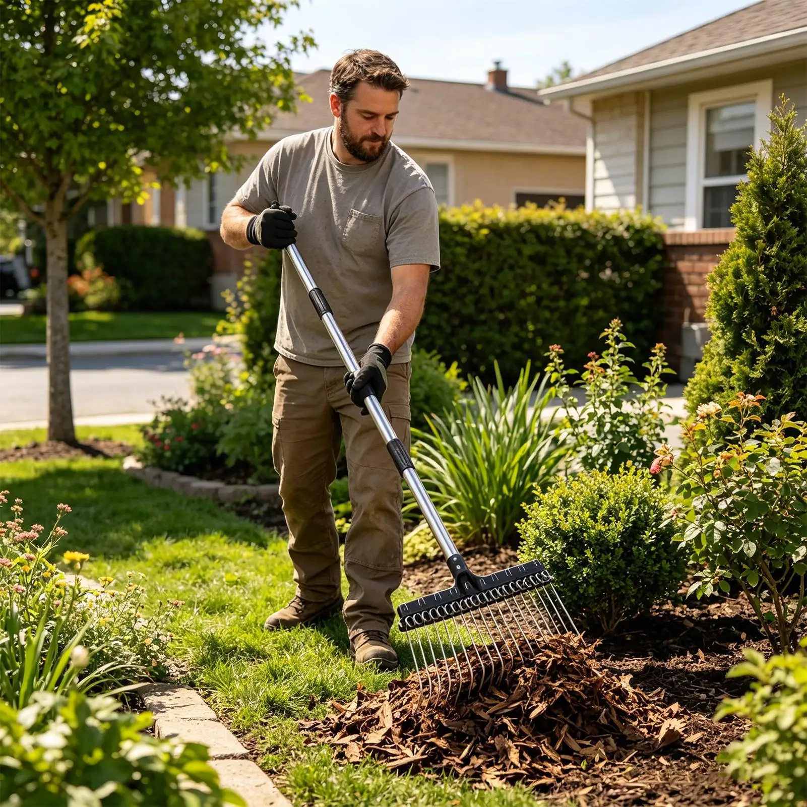 

Yard Rake Wide Steel Tines Long Handle Expandable 38.58-63In Metal Turf Rake For Grass Leaves Gardening Lawn Shrub Mulch Debris