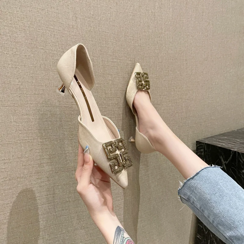 

French-style spring new hollow-out professional pointed-toe stiletto shoes with versatile rhinestone square buckle5cmFemale