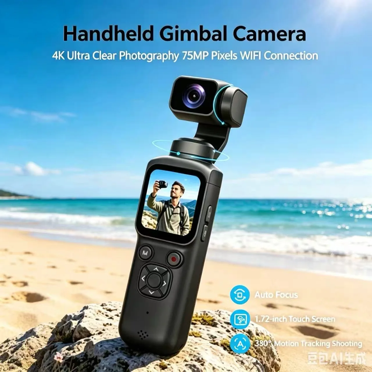 4K 30FPS Pocket Gimbal Camera 75MP Ultra HD Pixel 330° AI Auto Tracking Handheld Sports Camera for Vlog Live Streaming