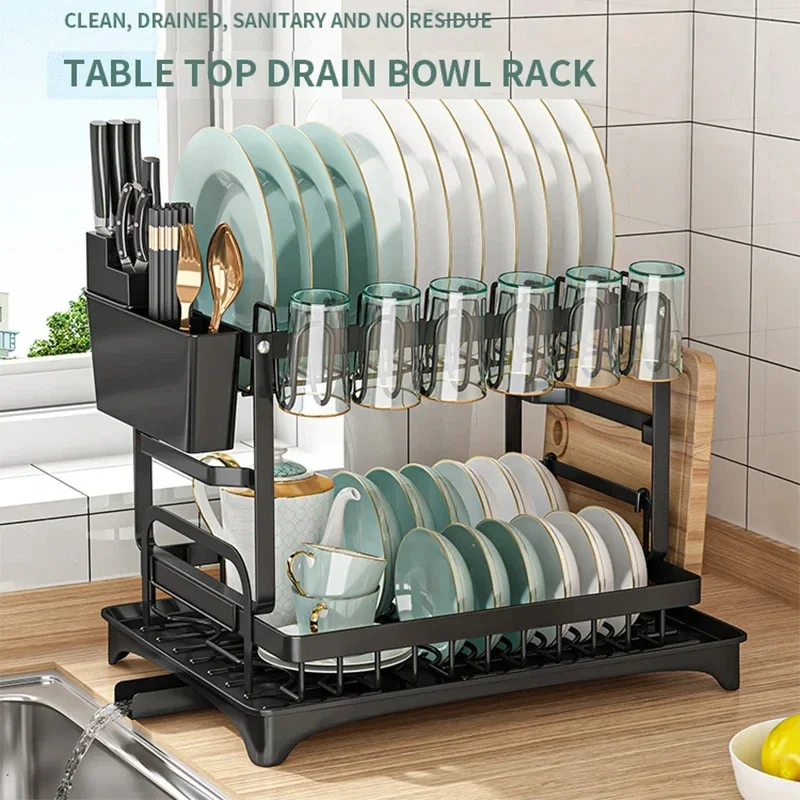 Kitchen Dish Bowl Drainer Storage Rack 2 Tiers Dish Chopsticks Knife Fork Water Cup Storage Rack Kitchen Counter Organizer