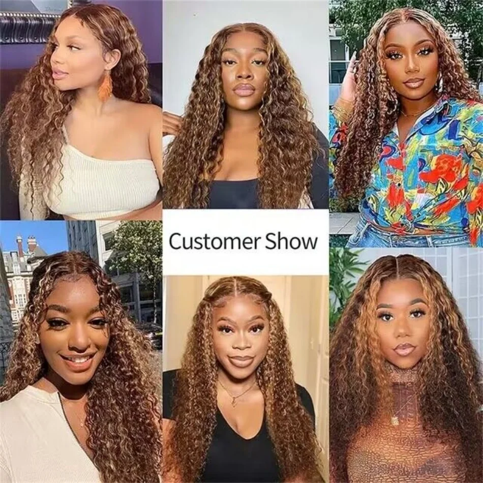 Honey Brown Curly Lace Front Wig para mulheres, perucas de cabelo humano, Ombre colorido, onda profunda, 30, 40 Polegada, 13x6, 13x4