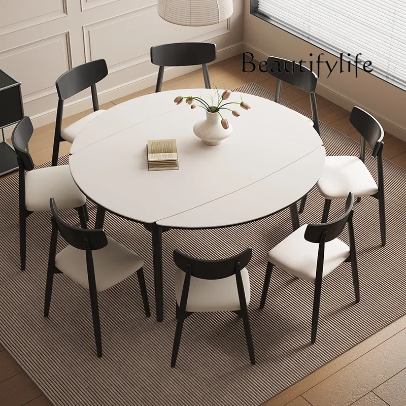 N Household folding rock slab round table black minimalist American retro retractable solid wood round dining table
