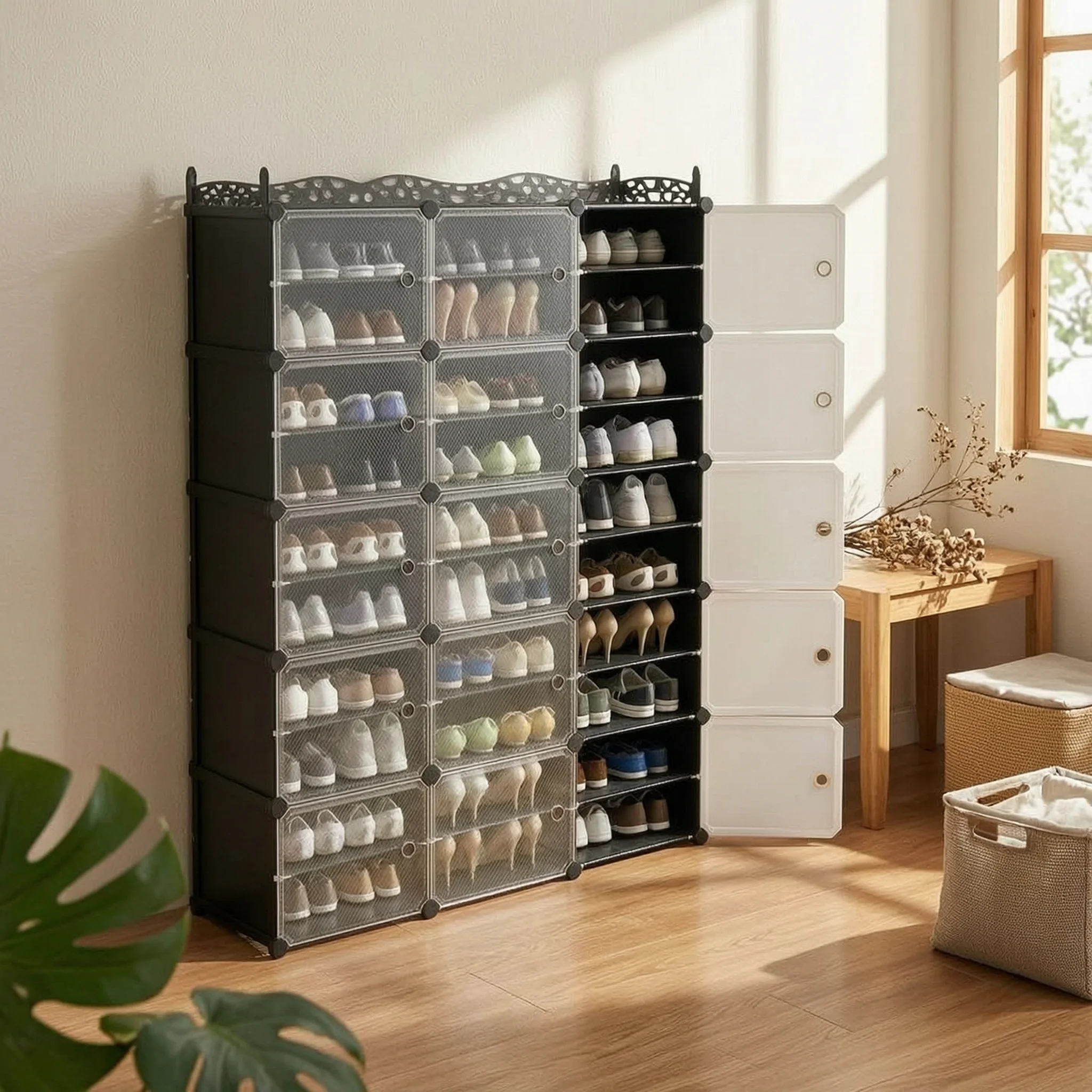 Modular Shoe Cabinet Multi-Layer Dustproof Shoe Cabinet Cube Shelf Organizer Translucent Front Panels Plastic Closet Organizer