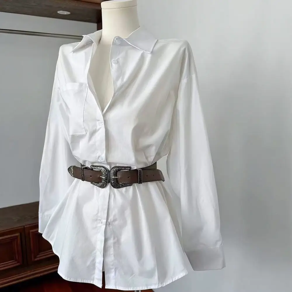 Casual White Shirt Dress Women Irregular Collar Long Sleeve Belted Slim Fit Elegant Office Lady Party Chic Style