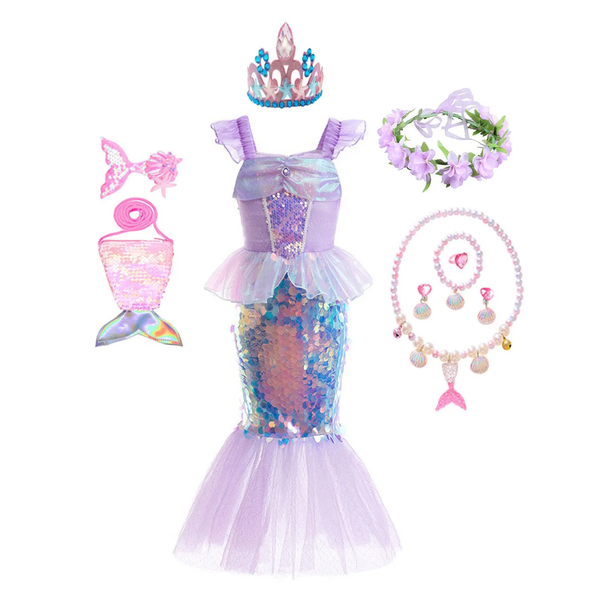 AmyStylish Little Girls Movie Princess Mermaid Ariel Cosplay Halloween Dress Birthday Party Dress