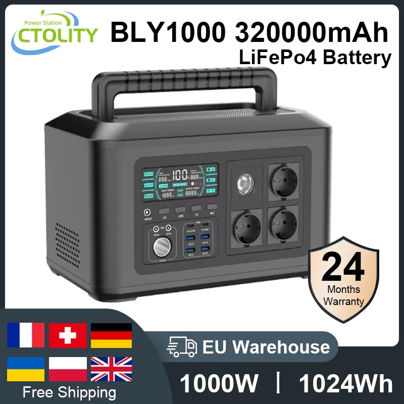 1000W 1024WH Camping Portable Power Station 220V EU Lifepo4 Battery Camping Powerstation Bank Solar Generator RV Camping Laptop