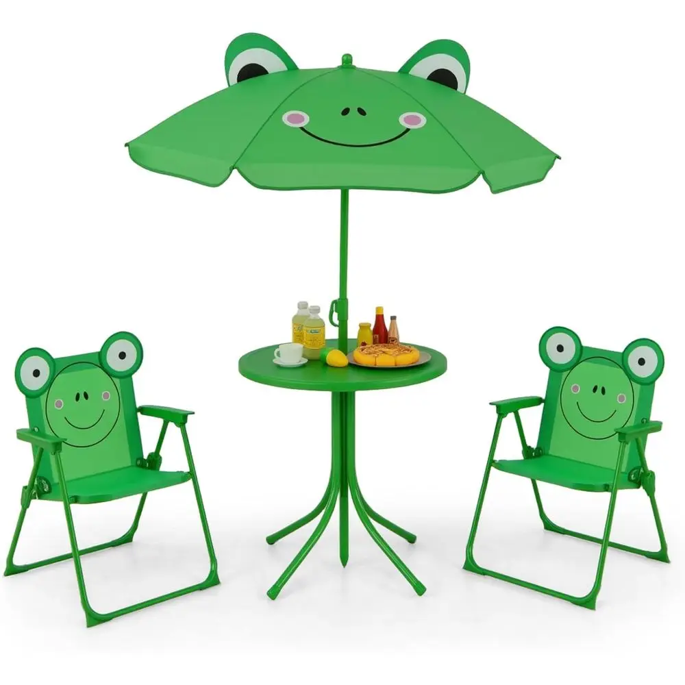 

Green Height-Adjustable Kids Picnic Table with 2 Folding Chairs and Portable Outdoor Furniture for Patio, Garden, Backyard