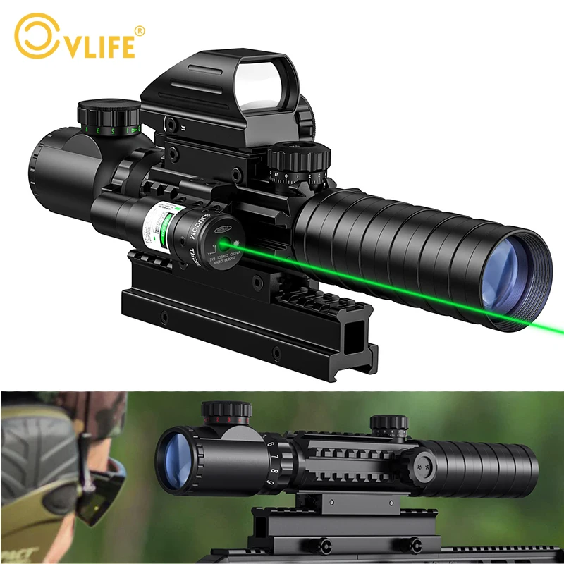 

CVLIFE Riflescope 3-9x32 Scope Combo Dual Illuminated Optics 4 Holographic Reticle Green Dot Sight IIIA/2MW Laser 20mm Mount