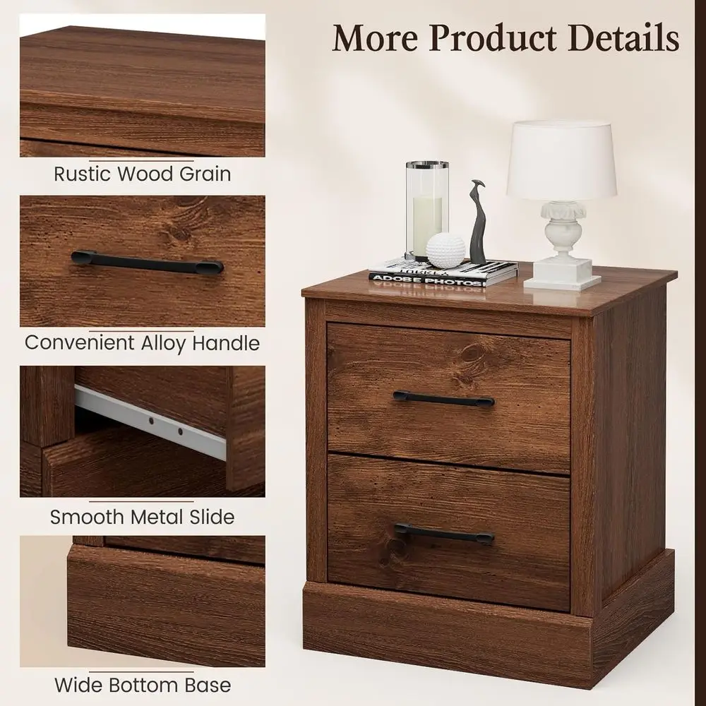 Farmhouse Nightstand Set of 2, Wood Bedside Table with 2 Storage Drawers, Compact Floor Night Stand, Walnut Accent Sofa Side Tab - view 5