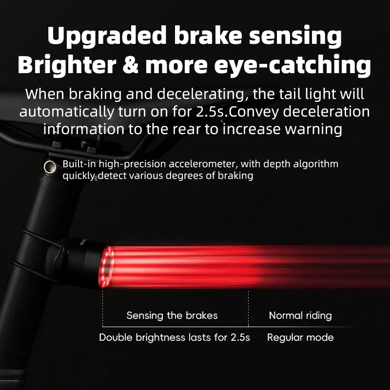 ROCKBROS Smart Bicycle Taillight Type-C Charging Auto Brake Sensing LED Rear Light Aluminum Alloy Bike Lamp Accessories Q1MAX - 2